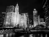 Horizontal Michigan Avenue at Night landscape black and white Photography