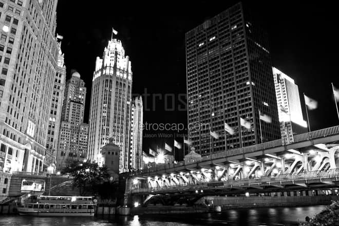 The Michigan Avenue Bridge at Night -- Chicago Black and White Photos