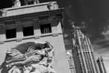 Horizontal Sculpture in the Michigan Avenue Bridge on the former site of Fort Dearborn landscape black and white Photography