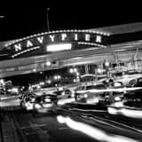 Square The Illinois Street Sign for Navy Pier at Lake Shore Drive landscape black and white Photography