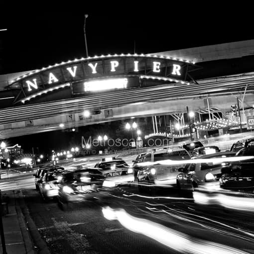 The Illinois Street Sign for Navy Pier at Lake Shore Drive -- Chicago Black and White Photography