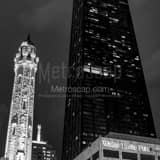 Square The Old Chicago Water Tower is Dwarfed by the Hancock Tower landscape black and white Photography