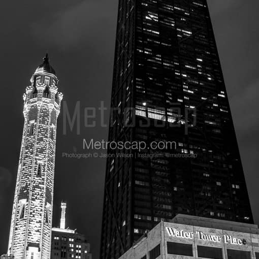 The Old Chicago Water Tower is Dwarfed by the Hancock Tower -- Chicago Black and White Photography