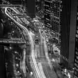Square Rush Hour Traffic on Wacker at Night landscape black and white Photography