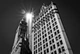 Horizontal The Morning Sun Reflects off of Trump Tower between the Wrigley Buildings landscape black and white Photography