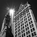 Square The Morning Sun Reflects off of Trump Tower between the Wrigley Buildings landscape black and white Photography