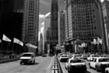 Horizontal Taxi Cabs Clog the Southbound Lanes of the Michigan Avenue Bridge landscape black and white Photography