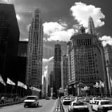 Square Taxi Cabs Clog the Southbound Lanes of the Michigan Avenue Bridge landscape black and white Photography
