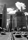 Vertical Taxi Cabs Clog the Southbound Lanes of the Michigan Avenue Bridge landscape black and white Photography