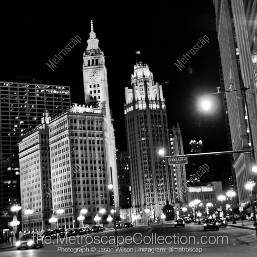 Matte Black WOOD Framed Black and White Chicago Photograph: Upper Wacker Drive in a Square Matte Black Wood Frame