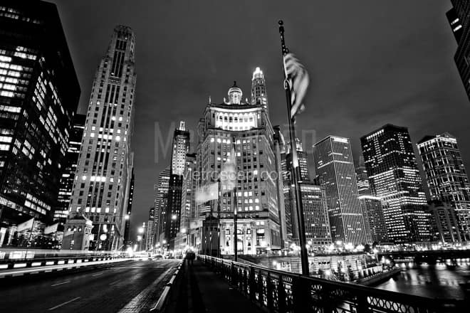 Wacker Drive and Michigan Avenue at Night -- Chicago Black and White Photos