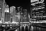 Horizontal Wacker Drive along the South Bank of the Chicago River landscape black and white Photography