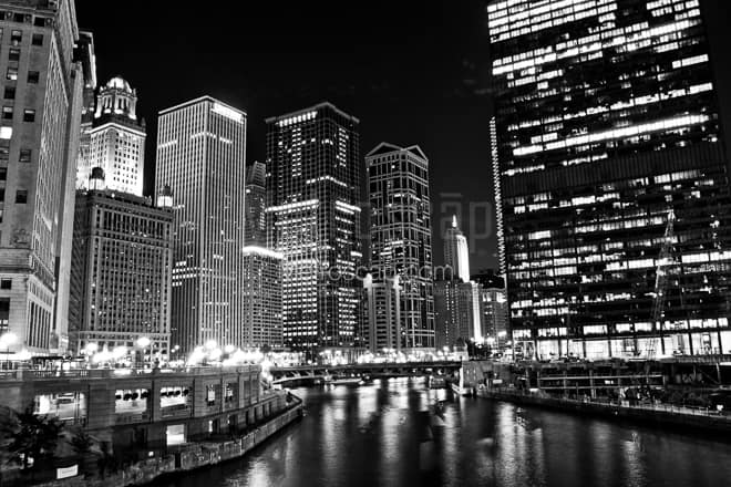 Wacker Drive along the South Bank of the Chicago River -- Chicago Black and White Photos