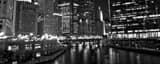 Panoramic Wacker Drive along the South Bank of the Chicago River landscape black and white Photography