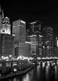 Vertical Wacker Drive along the South Bank of the Chicago River landscape black and white Photography