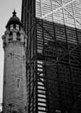 Vertical The Water Tower and Hancock Building landscape black and white Photography
