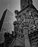Vertical The Water Tower and Hancock Building landscape black and white Photography