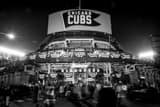 Horizontal The Waveland and Sheffield Bleacher Entrance of Wrigley Field landscape black and white Photography