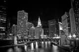 Horizontal The Wrigley Building and Chicago River at Night landscape black and white Photography