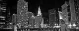 Panoramic The Wrigley Building and Chicago River at Night landscape black and white Photography