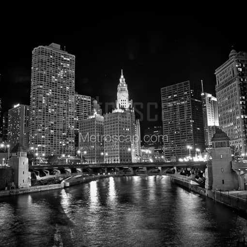 The Wrigley Building and Chicago River at Night -- Chicago Black and White Photography