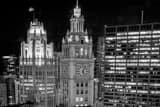 Horizontal The Wrigley Building Clock Face at Night landscape black and white Photography