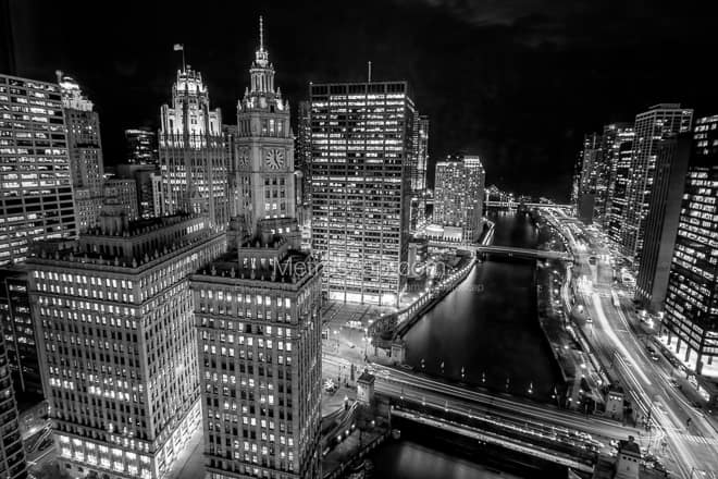 The Wrigley Building and Tribune Building from Trump Tower -- Chicago Black and White Photos