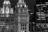 Horizontal The Wrigley Building and Tribune Building at Night. landscape black and white Photography