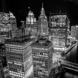 Square The Wrigley Building and Tribune Building from Trump Tower landscape black and white Photography