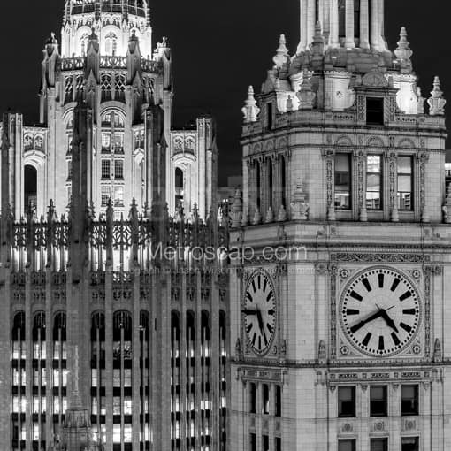 The Wrigley Building and Tribune Building at Night. -- Chicago Black and White Photography