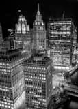 Vertical The Wrigley Building and Tribune Building from Trump Tower landscape black and white Photography