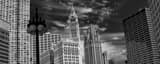 Panoramic The Wrigley Building and Tribune Building from Wacker Drive landscape black and white Photography