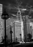 Vertical The Wrigley Building and Tribune Building from Wacker Drive landscape black and white Photography
