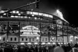 Horizontal Wrigley Field and Wrigleyville at Night during the 2016 World Series landscape black and white Photography