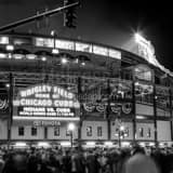Square Wrigley Field and Wrigleyville at Night during the 2016 World Series landscape black and white Photography