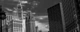 Panoramic The Wrigley and Tribune Buildings Against a Whispy August Sky landscape black and white Photography