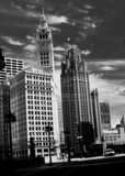 Vertical The Wrigley and Tribune Buildings Against a Whispy August Sky landscape black and white Photography