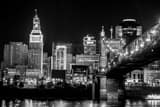Horizontal The Cincinnati Skyline from Covington featuring the Roebling Bridge black and white Photos