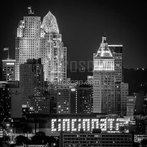 Downtown Cincinnati at Night from the Westside -- Cincinnati Black and White Photos