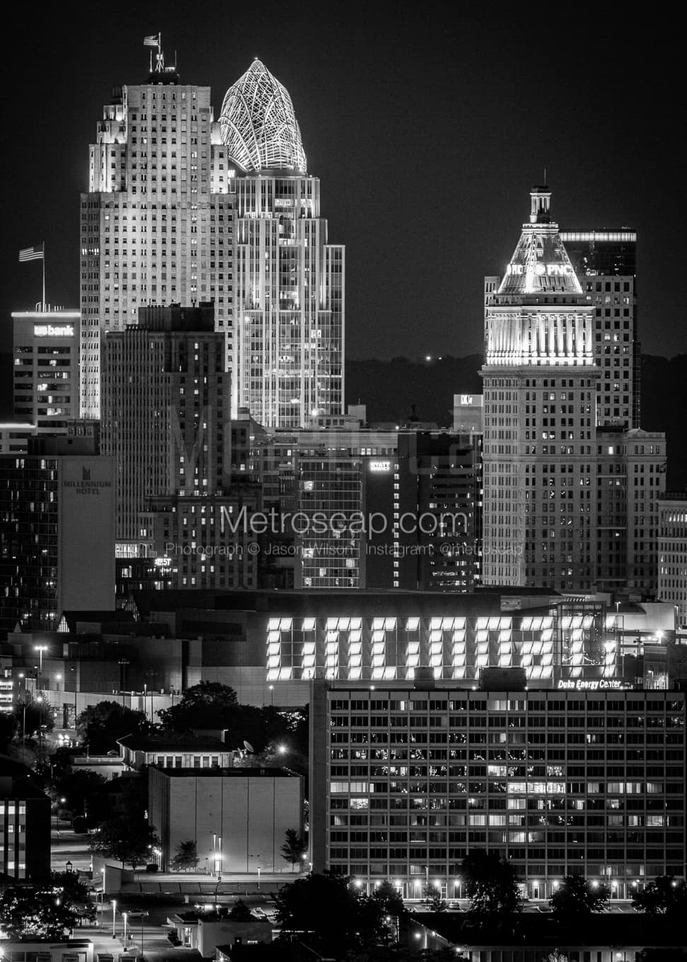 Downtown Cincinnati at Night from the Westside black and white Photography