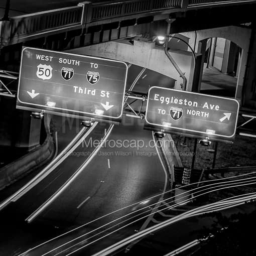 Traffic at the exit to Egglston Ave and Third Street from Columbia Parkway -- Cincinnati Black and White Photos