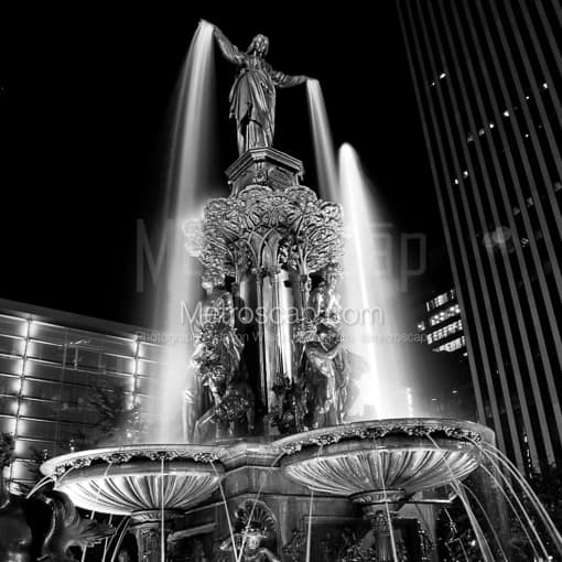 Matte Black WOOD Framed Black and White Cincinnati Photograph: The Fountain Square Fountain in a Square Matte Black Wood Frame