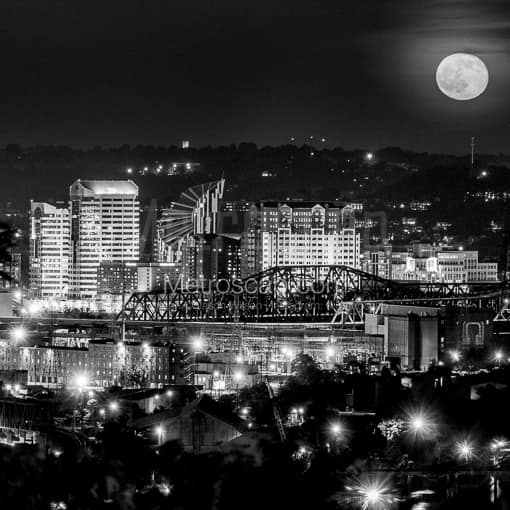 A Nearly Full Moon over Downtown Covington Kentucky -- Cincinnati Black and White Photos