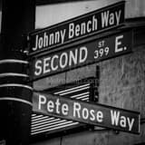 Square Johnny Bench Way and Pete Rose Way Intersection landscape black and white Photography
