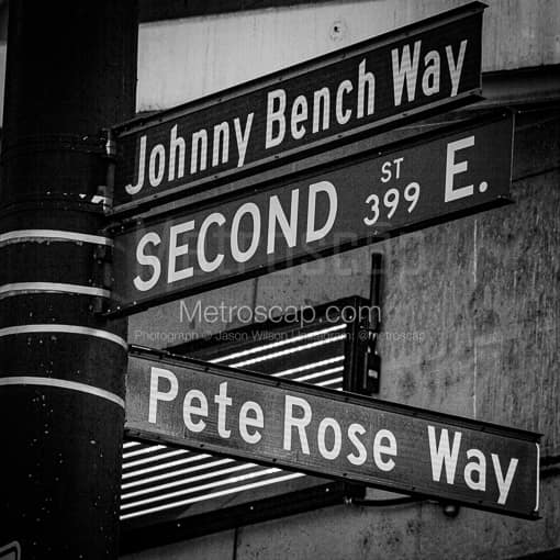Johnny Bench Way and Pete Rose Way Intersection -- Cincinnati Black and White Photos