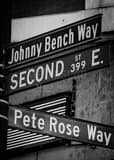 Vertical Johnny Bench Way and Pete Rose Way Intersection landscape black and white Photography