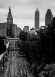 Vertical Cleveland Skyline over Railway black and white Photos