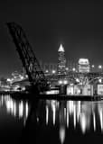 Vertical The Cleveland Skyline along Lake Erie landscape black and white Photography