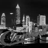 Square The Cleveland Skyline and Blimp over Progressive Field during the 2016 World Series black and white Photos