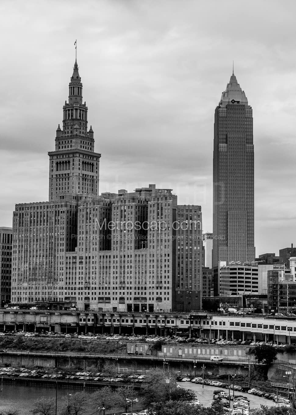 Cleveland Skyline from Hope Memorial Bridge black and white Photography